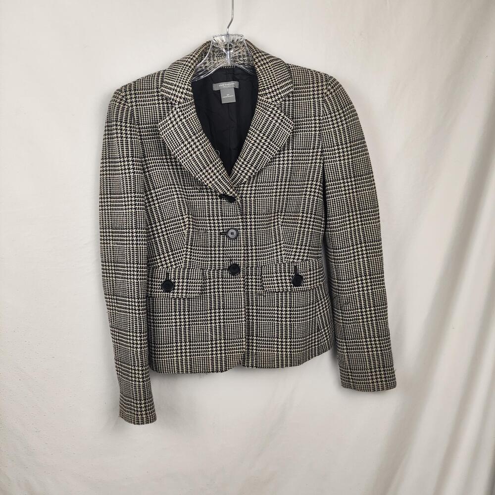 Ann Taylor Blazer Womens 0P Black Petite Houndstooth Tweed Three Button Lined